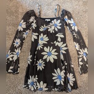 American Eagle Outfitters Black and Blue Floral Midi Dress Size Medium